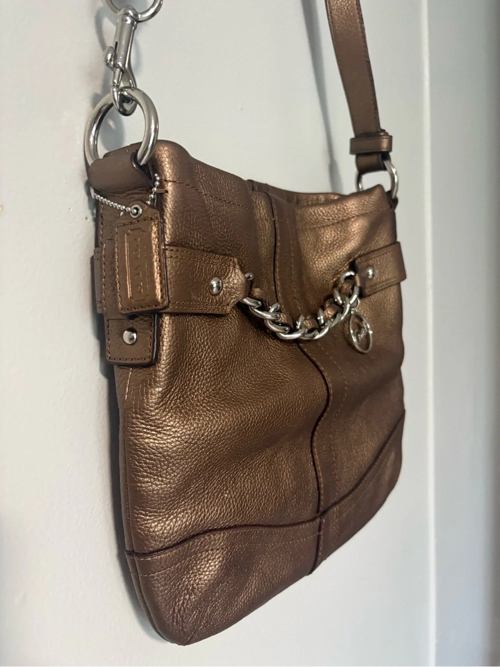 Coach Metallic Bronze Leather Shoulder Bag with Silver Chain